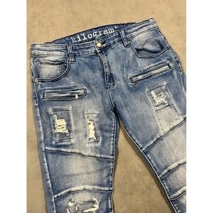 KILOGRAM Mens Moto Jeans Distressed Blue Denim Slim Fit Size 38 Weekend Casual